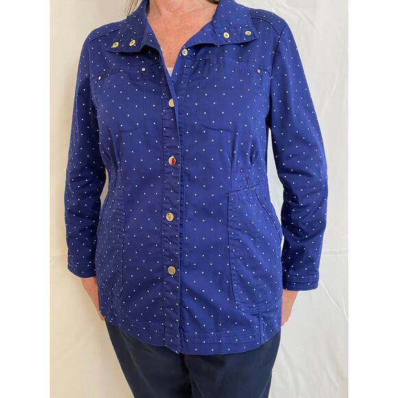 Chicos Size 2 Jacket - Blue and White polka dot shirt jacket with snap closures - Picture 1 of 4